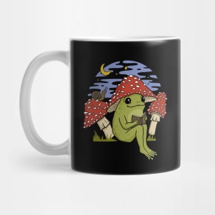 A Cute Frog in Mushroom Cap, Reading Amongst Snails and Toadstools, Embracing Goblincore Charm Mug